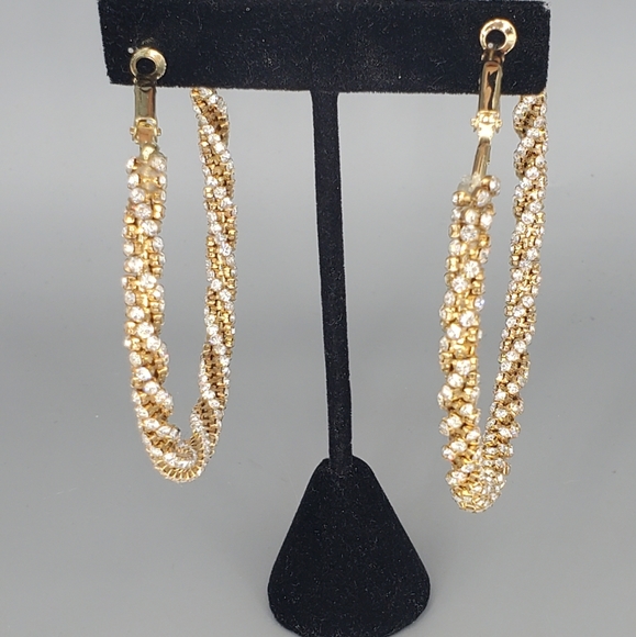 Goldtone Rhinestone Large Hoop Earrings - Picture 4 of 10